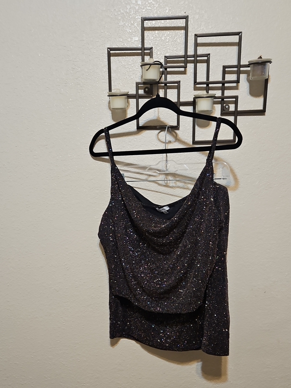 white birch Black Sparkle Cowl Neck One-Shoulder Camisole And Matching Skirt.